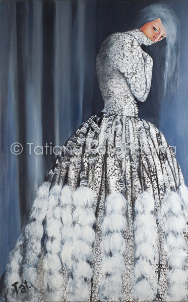 Schilderij portret van een introverte vrouw in een opvallende jurk